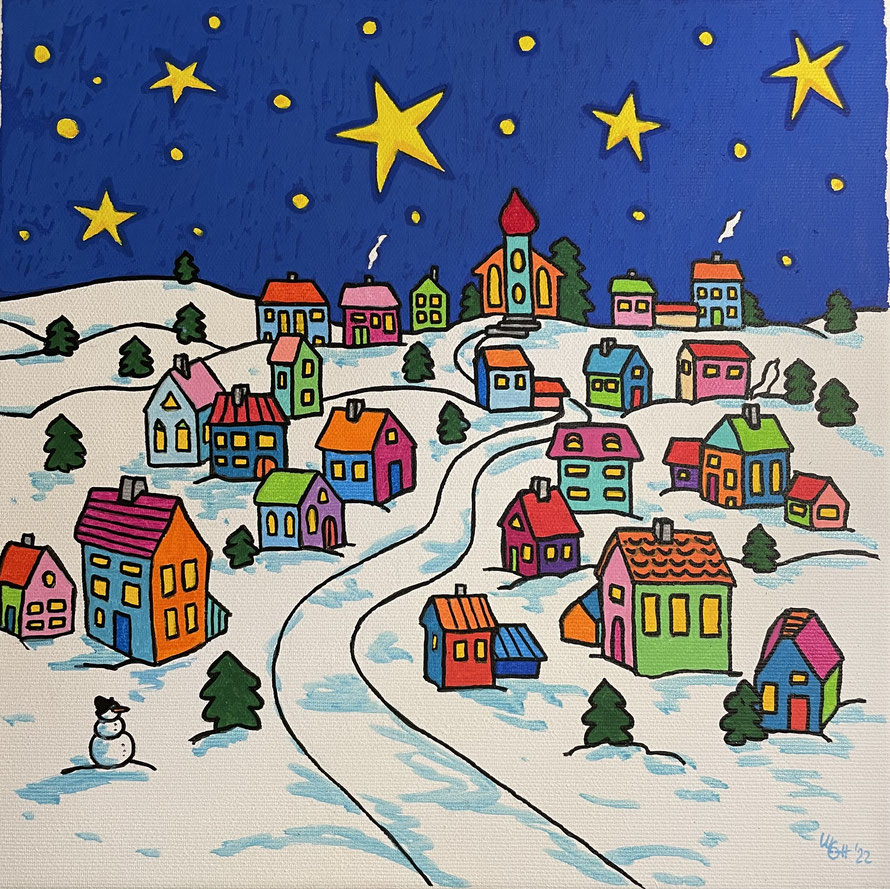 "winter-wonderland - dorf" acryl/stifte auf leinwand (2022) 30x30 cm