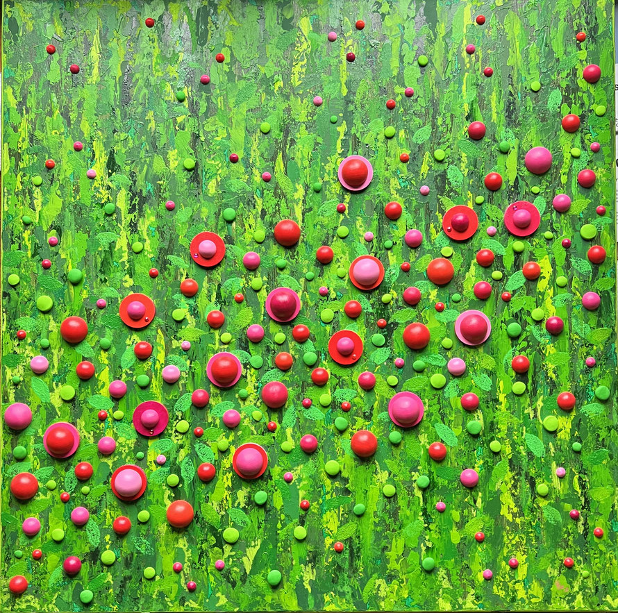 "poppiges" - acryl/holz Komposition auf holz (2024) 70x70cm