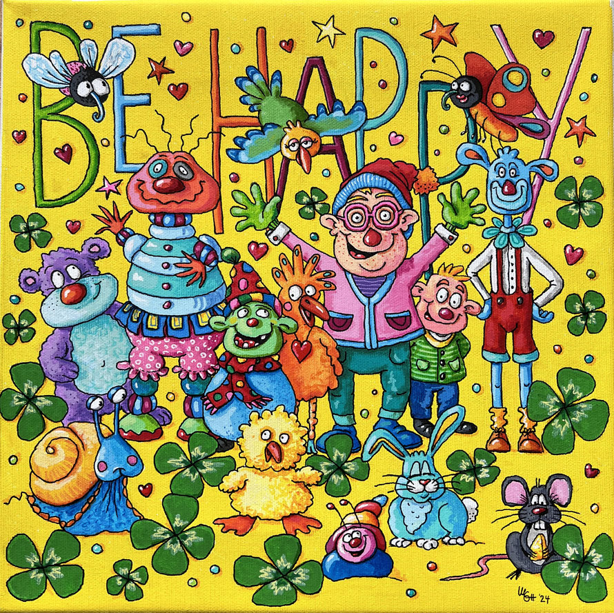 "BE HAPPY I" acrylstifte auf leinwand (2024) 30x30 cm