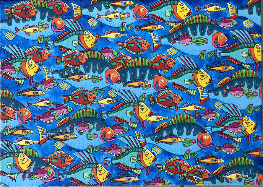 "fish-o-mania' " acryl auf leinwand (2020) 50x70 cm