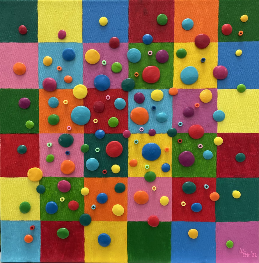 "colored drops" acryl + applikation auf leinwand 30 x 30cm