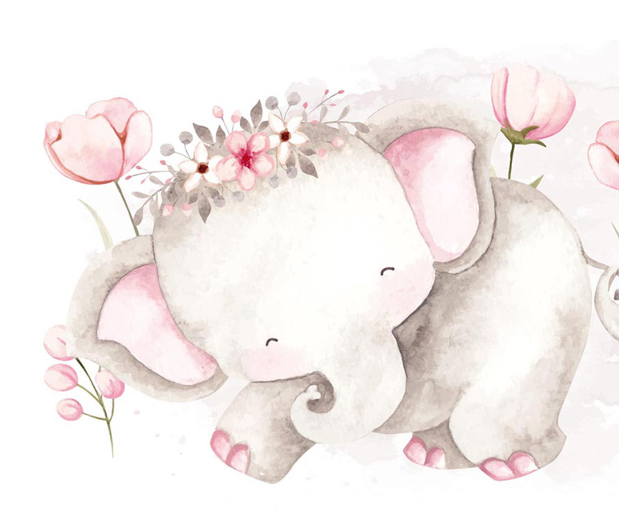nachhaltige Vliesbordüre mit niedlichen Elefanten und rosa Blüten, Mama und Kind - liebevoll im Watercolor Stil gemalt 