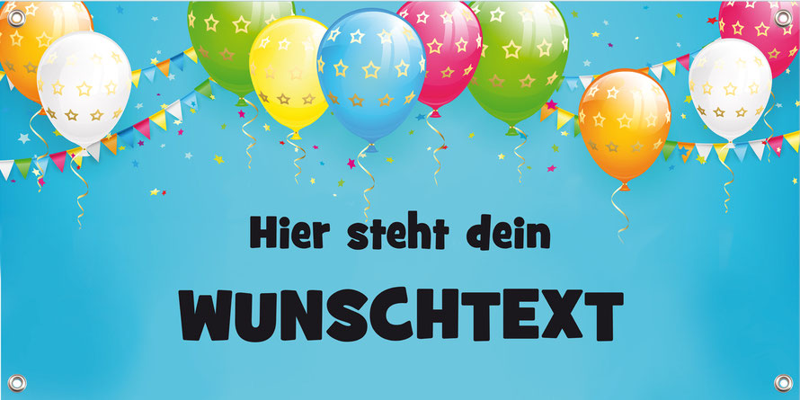 Banner Party 100 x 50 cm - Bunte Luftballons auf blauen Hintergrund mit Wimpel - Nachhaltige PVC-freie Banner -  die umweltfreundliche Alternative zu herkömmlichen Bannern aus Kunststoff und PVC