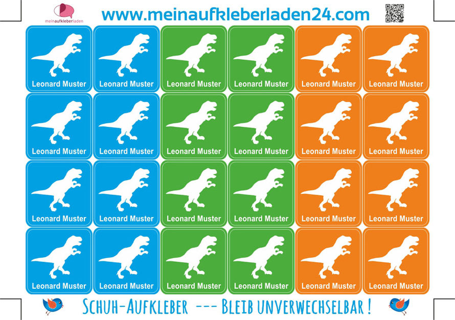 mit Namen personalisierbare Schuhaufkleber mit Dinos, T-Rex - so geht Schuheanziehen kinderleicht