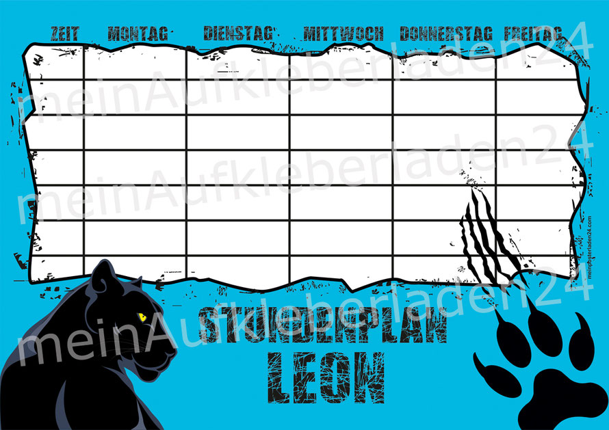 A4 Stundenplan mit schwarzem Panther auf blauem Hintergrund, personalisierbar, optional wiederbeschreibbar