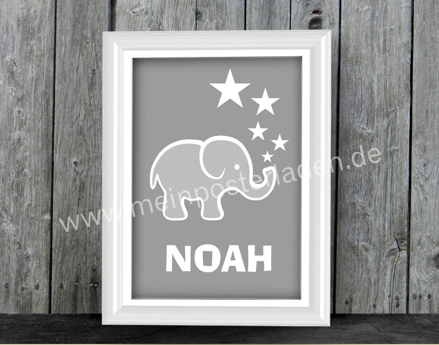 Namensprint - Elefant mit Sternchen - personalisierbar mit Name des Kindes, tolle Geschenkidee