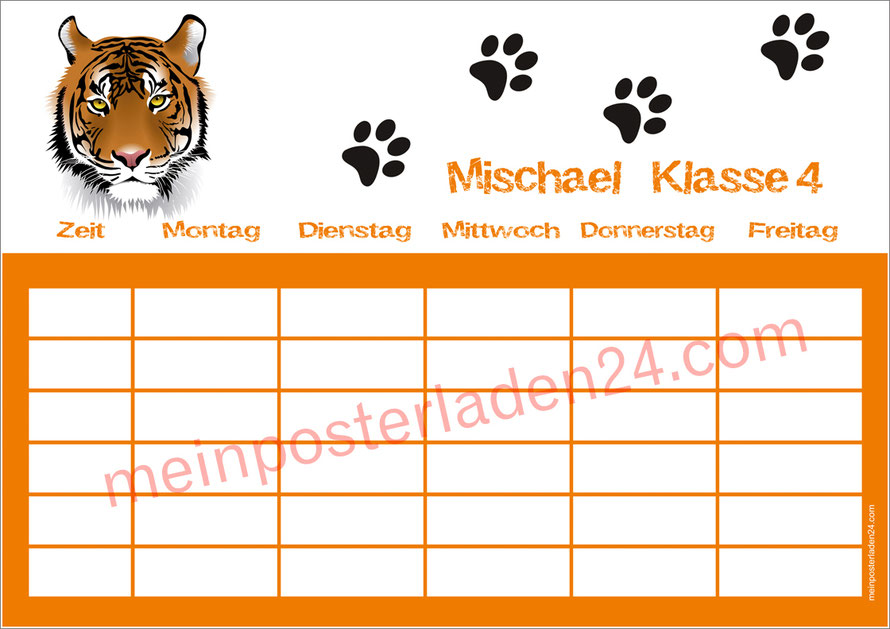 A4 Stundenplan mit Tiger und Fußspuren, personalisierbar, optional wiederbeschreibbar