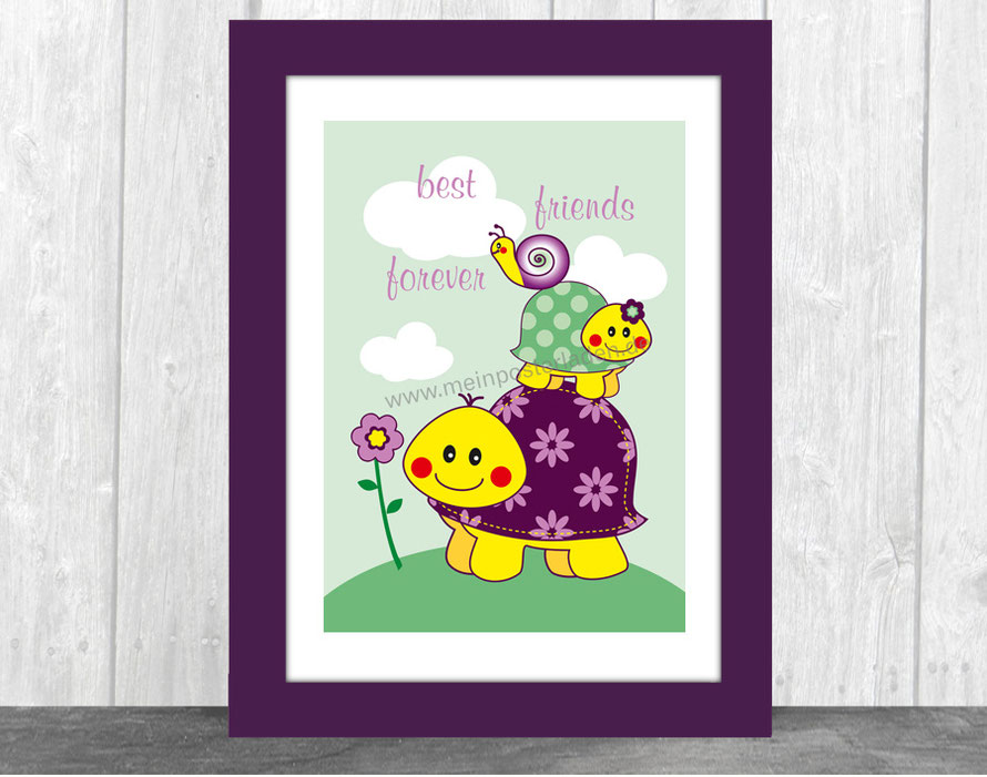 Kinderdruck - Schildkröten mit Schnecke und Text:  Best friends forever, tolle Geschenkidee, Deko für Kinderzimmer
