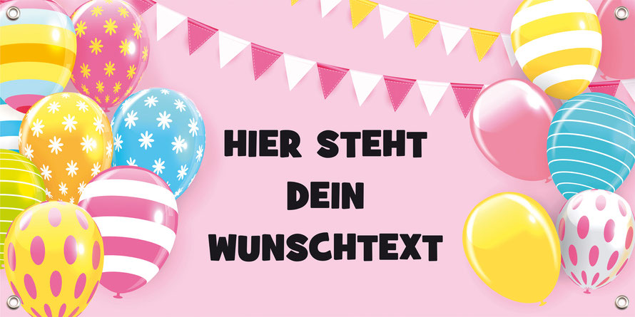 Banner Party 100 x 50 cm - Bunte Luftballons auf rosa Hintergrund mit Wimpel - Nachhaltige PVC-freie Banner -  die umweltfreundliche Alternative zu herkömmlichen Bannern aus Kunststoff und PVC