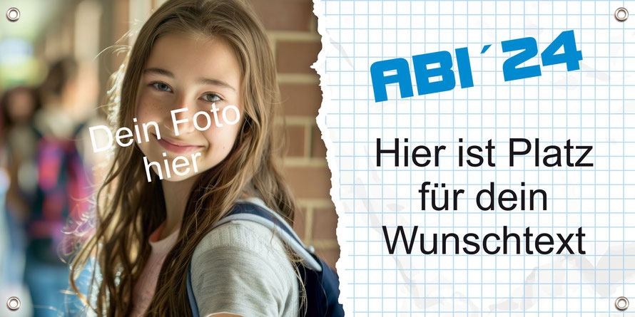 Ein Banner für den ABI Abschluss, links personalisierbar mit eigenem Foto, rechts ist Platz für den Wunschtext, der Untergrund worauf der Text steht, sind Mathekästchen, wie aus einem Matheheft.