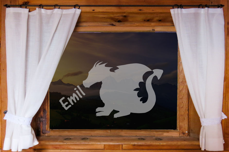 permanent Glasdekoraufkleber Drache, mit Name personalisierbar