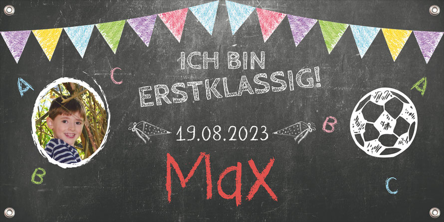 Banner zur Einschulung 100 x 50 cm - mit Foto personalisierbar | Tafeloptik Fußball - Nachhaltige PVC-freie Banner -  die umweltfreundliche Alternative zu herkömmlichen Bannern aus Kunststoff und PVC