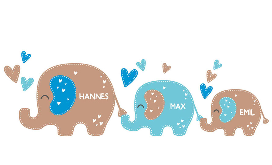 Geschwister Wandtattoo mit niedlichen Elefanten - mit Name oder Wunschtext personalisierbar