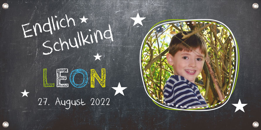 Banner zur Einschulung 100 x 50 cm - mit Foto personalisierbar | Tafeloptik Sternchen - Nachhaltige PVC-freie Banner -  die umweltfreundliche Alternative zu herkömmlichen Bannern aus Kunststoff und PVC