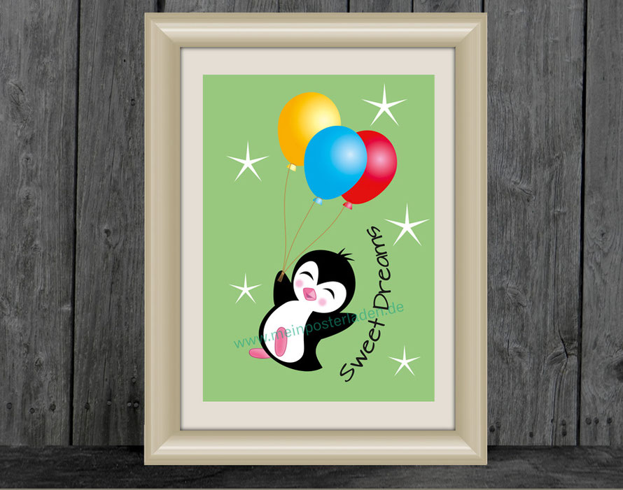 Kinderdruck - Pinguin mit Luftballons und Text:  Sweet Dreams, tolle Geschenkidee, Deko für Kinderzimmer