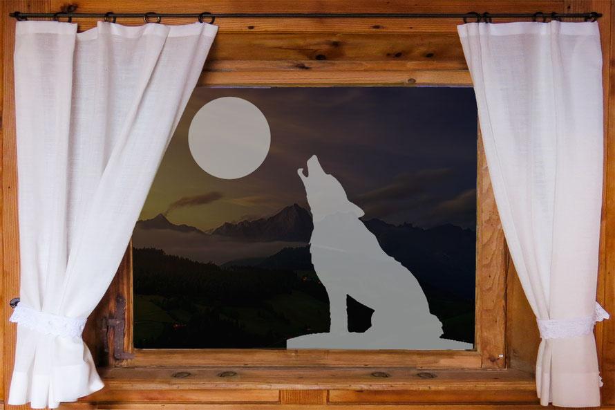 permanent Glasdekoraufkleber heulender Wolf mit Vollmond