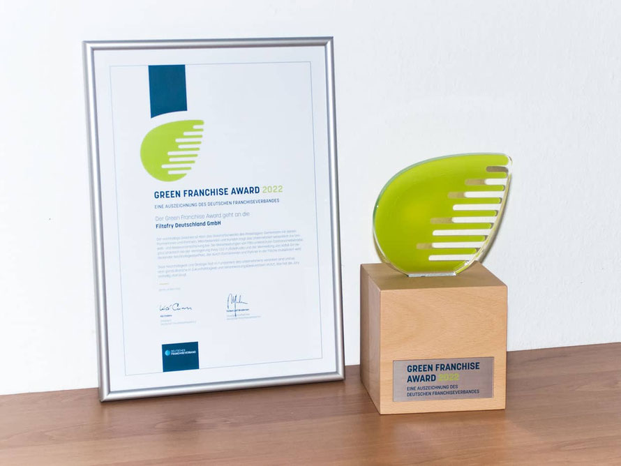 2022 wurde die Filtafry Deutschland GmbH mit dem GREEN FRANCHISE AWARD ausgezeichnet © Filta DACH GmbH