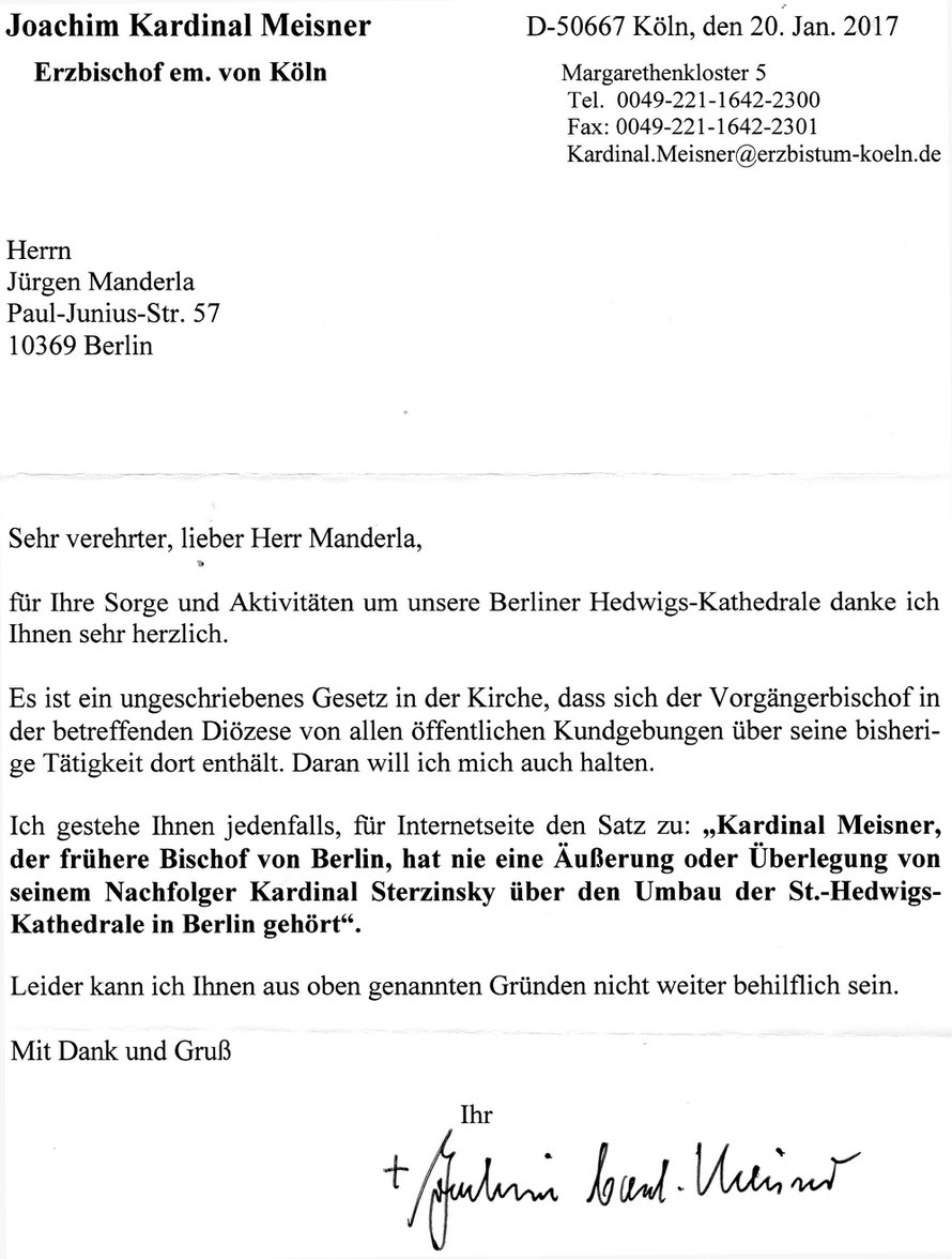Gescannter Originalbrief von Joachim Kardinal Meisner vom 20.01.2017, mit dem er der Veröffentlichung eines Zitats zustimmte..