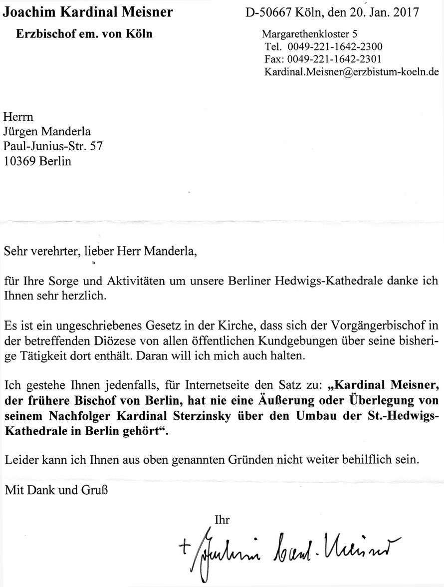 Gescannter Originalbrief von Joachim Kardinal Meisner vom 20.01.2017, mit dem er der Veröffentlichung eines Zitats zustimmte..