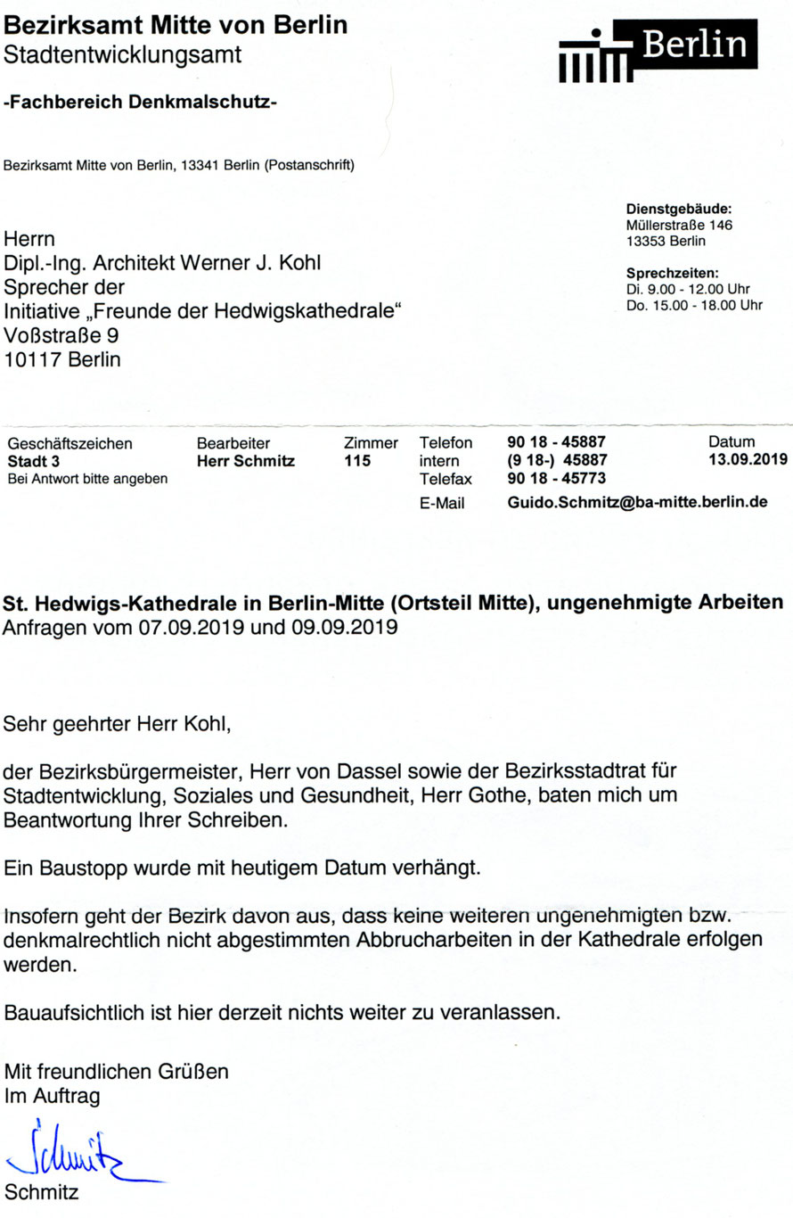 Schreiben über den verhängten Baustopp des Bezirksamts Mitte vom 13.09.2019 an die Initiative "Freunde der Hedwigskathedrale"
