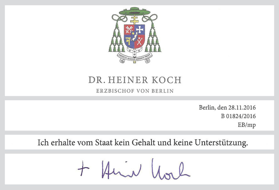 Auszug aus dem Faksimile eines Schreibens des Erzbischofs Dr. Koch vom 28.11.2016  (Vollständige Kopie steht zum Download bereit)