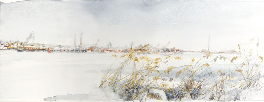 „Kronstadt, Blick auf den Hafen“, Aquarell und Kreide, 24,9 × 64,7 cm, 2019