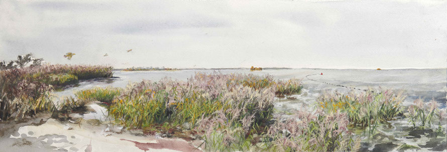 „Kronstadt Küste/Abknallen wie die Rebhühner“, Pastell und Aquarell auf Papier, 21 x 61 cm, 2019