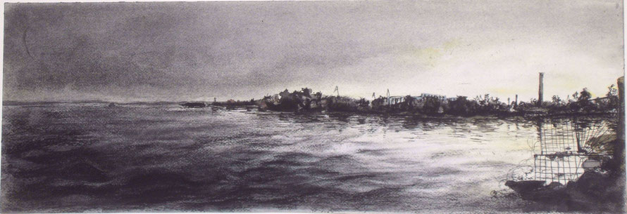 „Kronstadt, Industriehafen“, Kohle und Aquarell auf Papier, 21 x 61 cm, 2019