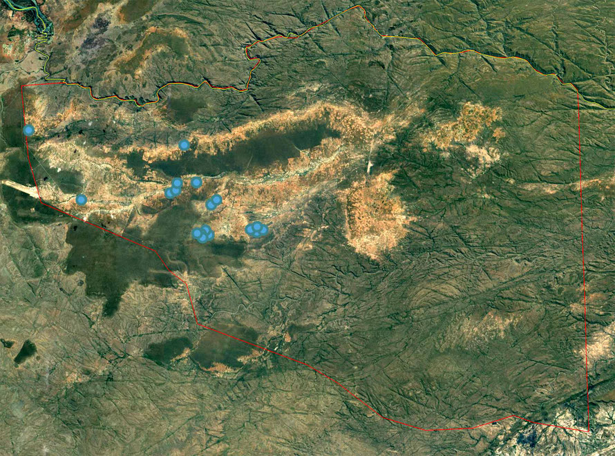 Hwange West area map showing predator light locations. Vic Falls in the upper left of the map and Zambezi river forming the northern boundary.