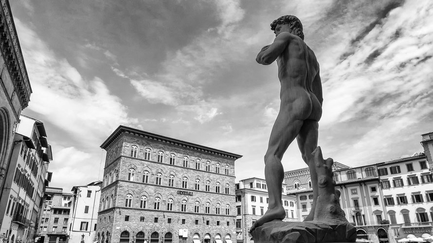 Replica of Michelangelo's David in Piazza della Signoria in Florence, Italy. Back view with a tree trunk behind the standing leg