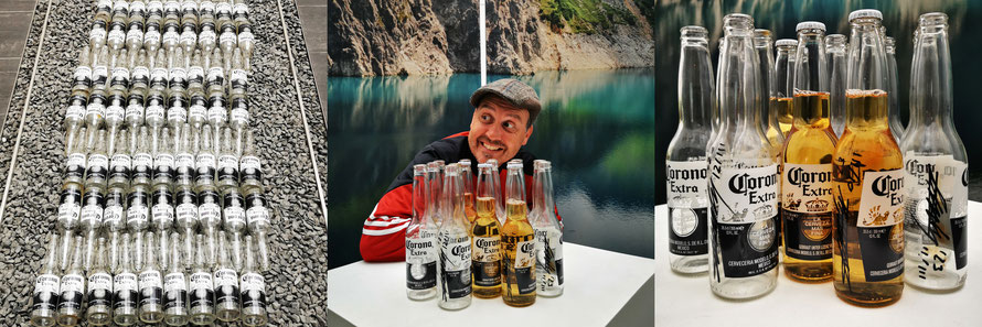 ARTwork: Andreas Ender | "Corona 2.0 - die Wogen haben sich geglättet" - 101 leere und 10 volle Flaschen - Preis (leer): je 69,00€