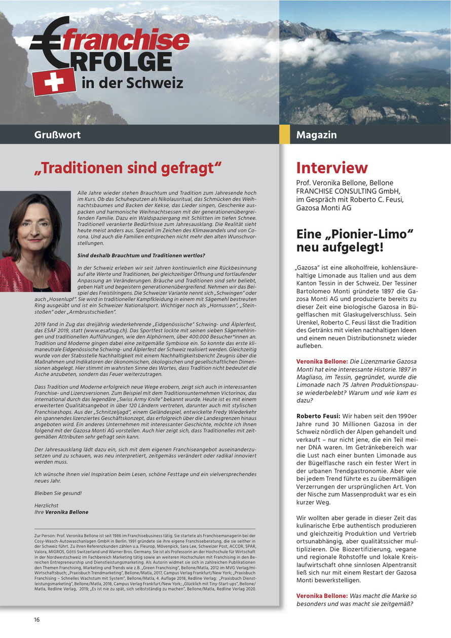 Prof. Veronika Bellone interviewt Roberto C. Feusi, von der GAZOSA Monti AG, FranchiseErfolge Nr. 04/2021, S.16 © Bellone Franchise Consulting GmbH