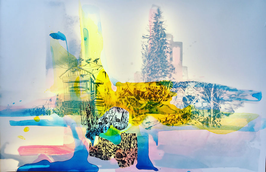 © Joana Fischer, secret hideout, 2016, ink on Yupo, LED backlight, 23 x 35 inches