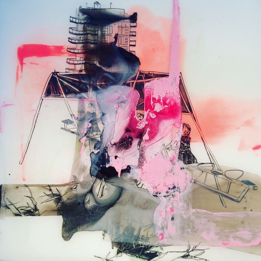 ©  Joana Fischer, Playtime - Spielzeit II, 2016, 21 x 21 inches, ink and acrylic on drafting film