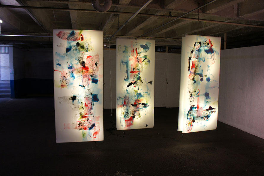 © Joana Fischer, plastic turmoil - Plastikgetuemmel, ink on drafting film, LED backlight, 36 x 85 inches