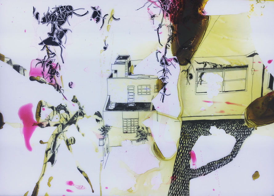 Joana Fischer, Living space, 2017, ink and acrylic on drafting film, LED backlight