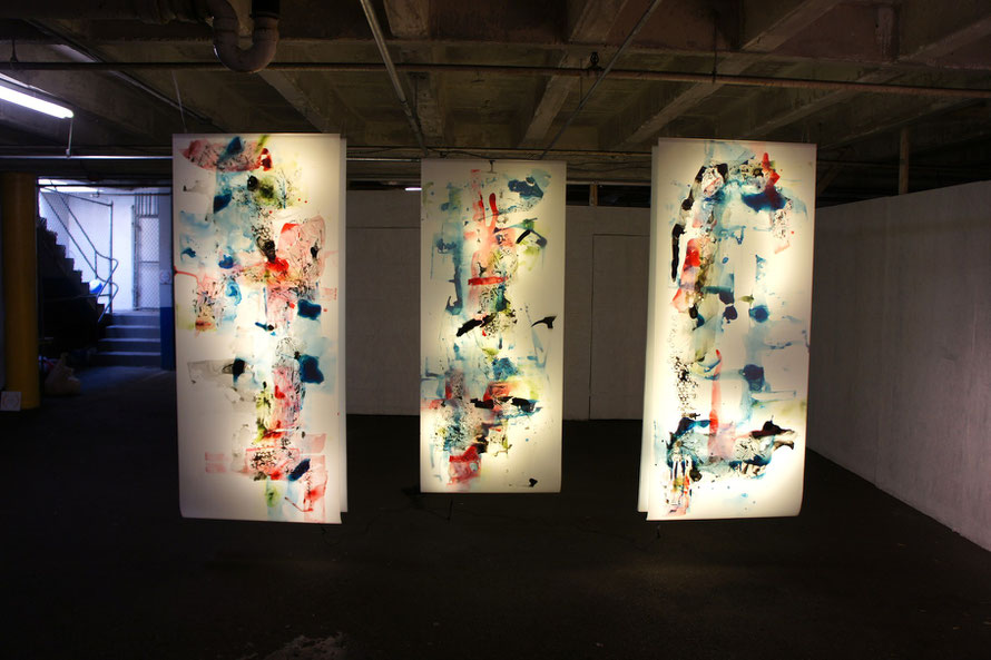 © Joana Fischer, plastic turmoil - Plastikgetuemmel, ink on drafting film, LED backlight, 36 x 85 inches