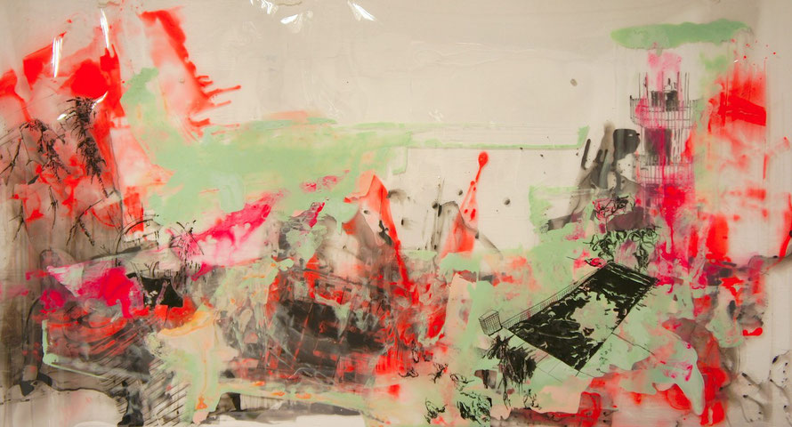 © Joana Fischer, untitled, 2013, ink and acrylic on transparent foil, 42 x 75 inches, private collection