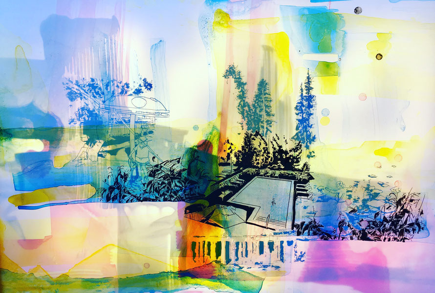 Joana Fischer, Nature play - Naturspiel, 2017, ink on Yupo, LED backlight, 23 x 35 inches