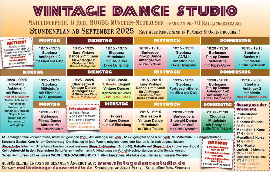 Online-Tanzstundenplan vom Vintage Dance Studio in München. Live flexibel Tanzkurse buchen von Zuhause aus. Wir übertragen unsere Steptanz-/Charleston-/Burlesque-Kurse per Zoom. Interaktiver Online-Tanzunterricht zu speziellen günstigen Online-Preisen.