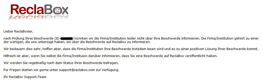 Vodafone gehört zu den wenigen Firmen die ReclaBox untersagt über die Beschwerde zu informieren!