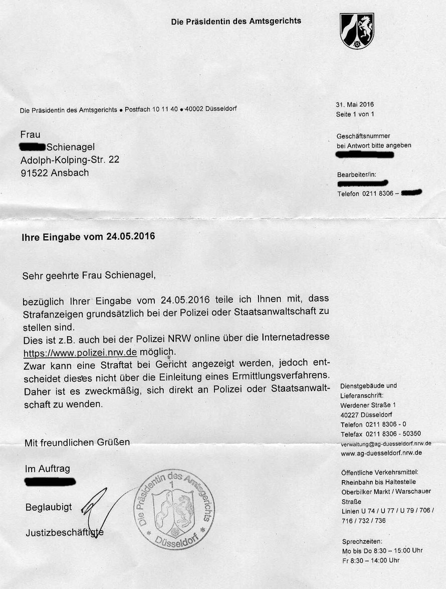 Amtsgericht Düsseldorf ist für die Strafanzeige nicht zuständig