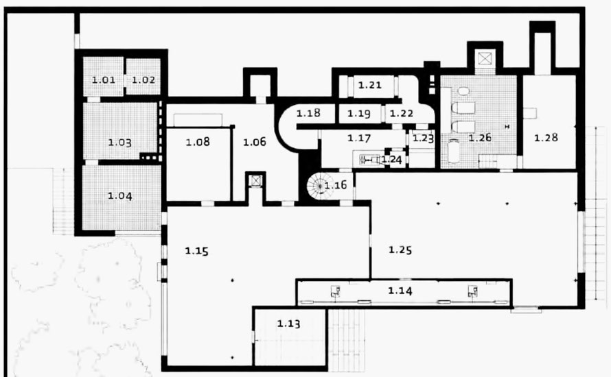 Brno, Tugendhat House, basement floor plan. Atelier RAW, Brno, 2010