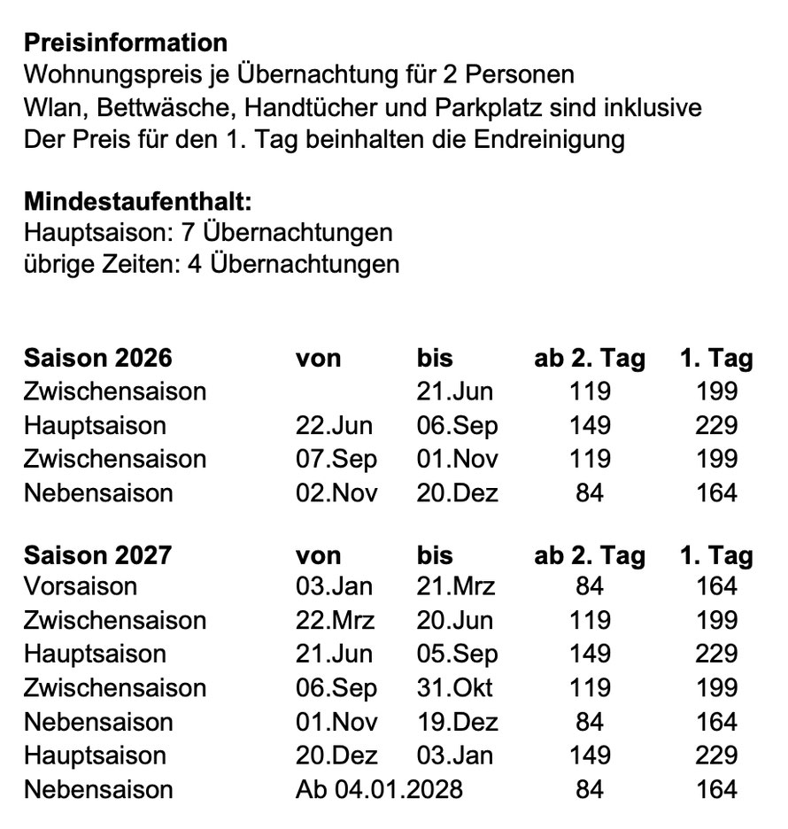 Preisinformation FeWo Stella