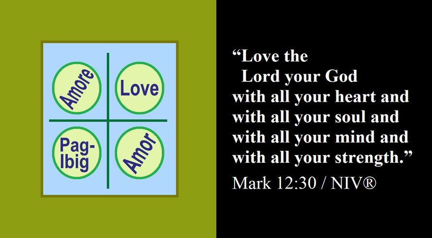 Faith Expression Artwork about Loving God – the greatest commandment – and Bible Verse Mark 12:30 (A) - “Love the Lord your God with all your heart and with all your soul and with all your mind and with all your strength.” / “Amore-Love, Pag-Ibig-Amor”