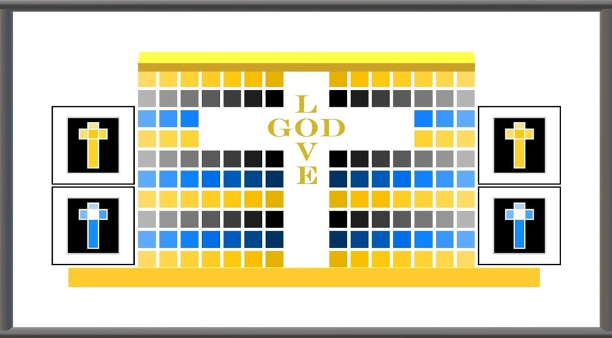 Seventh Faith Expression Artwork in Gray-Black Frame Based on Bible Verse John 3:16 and Entitled, “For God so Loved the World”; “For God loved the world... He gave his one and only Son, so that everyone who believes in him will... have eternal life.”