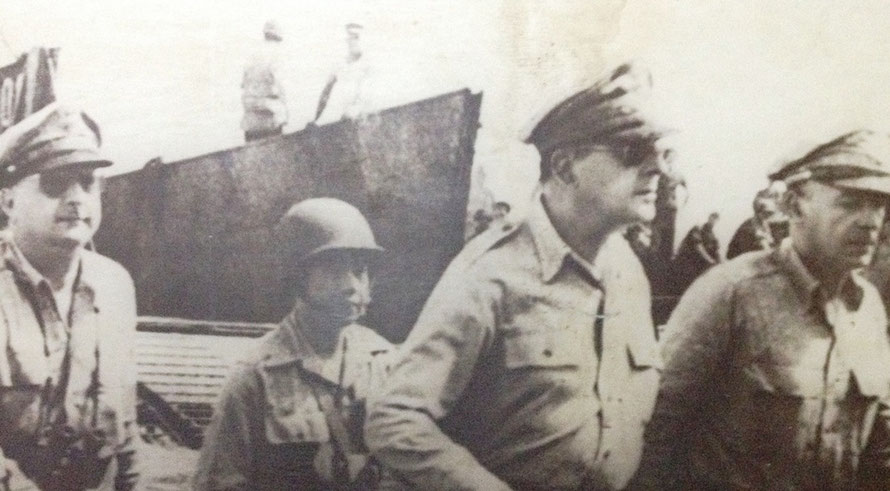 Douglas MacArthur Quote: I Have Returned / Image: Leyte Landing of MacArthur - “This is the voice of freedom, General MacArthur speaking. People of the Philippines: I have returned.” – Douglas MacArthur, 1944