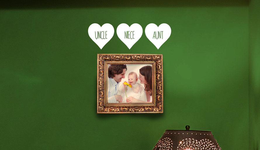 Uncle, Niece and Aunt love heart family vinyl wall art decals, idea for adding embellishment labels for photographs. They come in many colours and a mix match of sizes and family names. From wallartcompany.co.uk