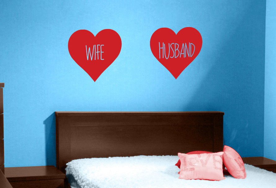Husband and Wife cherry red love heart family vinyl wall art decals. They come in many colours and a mix match of sizes and family names. From wallartcompany.co.uk