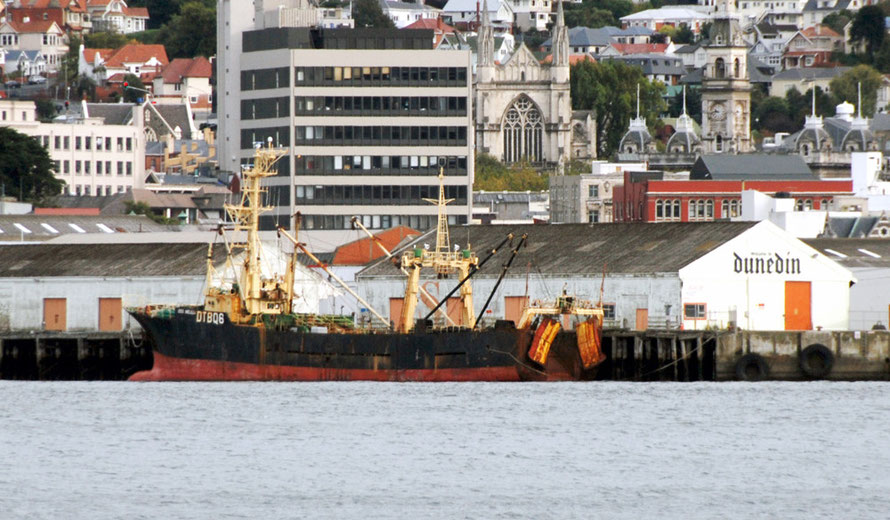 The Melilla No.203, registered in Korea and chartered to United Fisheries tied up at the Dunedin wharfside. Its 27-man crew alleged short payment, poor conditions and abuse in 2011. Salve Free Seas in